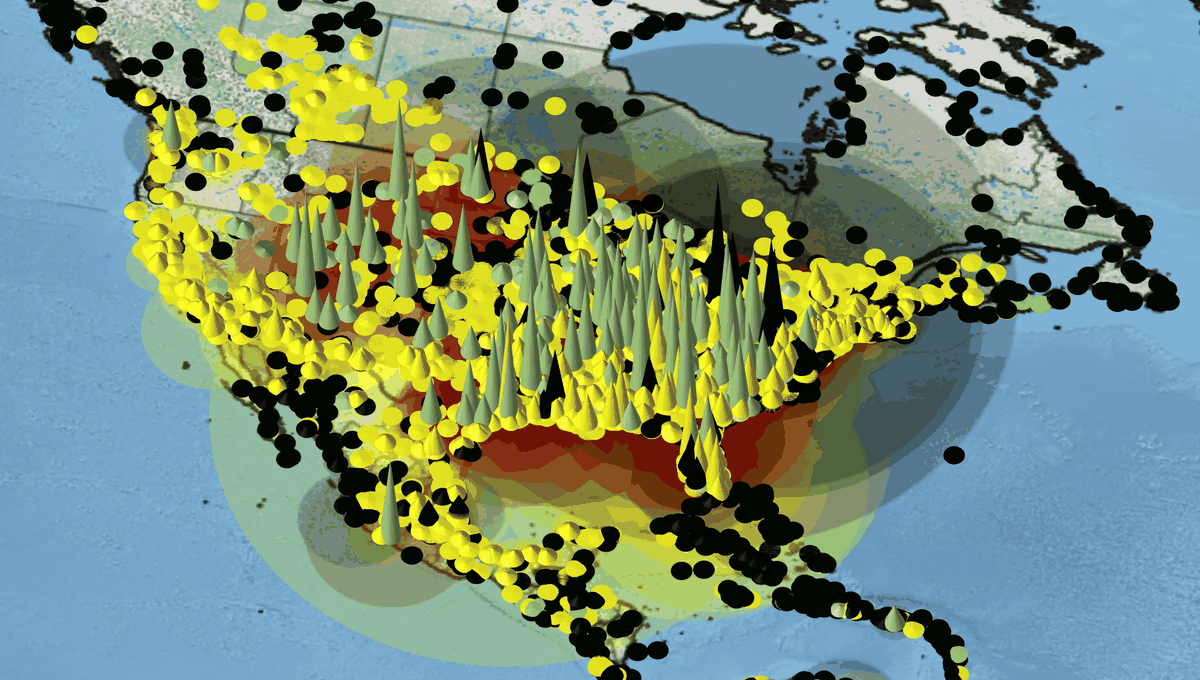 Spike map of United States power-plant emissions — a small number of plants tower over the rest